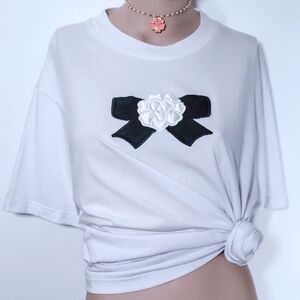 ESCADA Designer Shirt • Camellia Flower • Black Satin Bow • Vintage Tee S-M-L